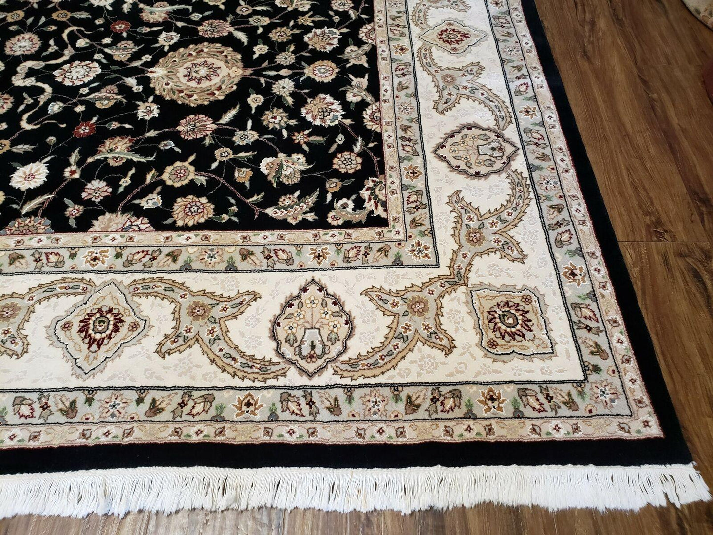 8' 5" X 11' 6" Vintage Handmade Oriental Floral Wool Rug Silk Accent Black Nice