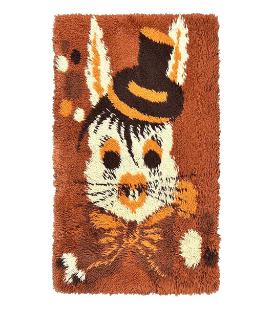 Rya Shag Rug 2x4, Rabbit in Top Hat, Wool, Orange, Vintage 1960s Danish Shag Rug