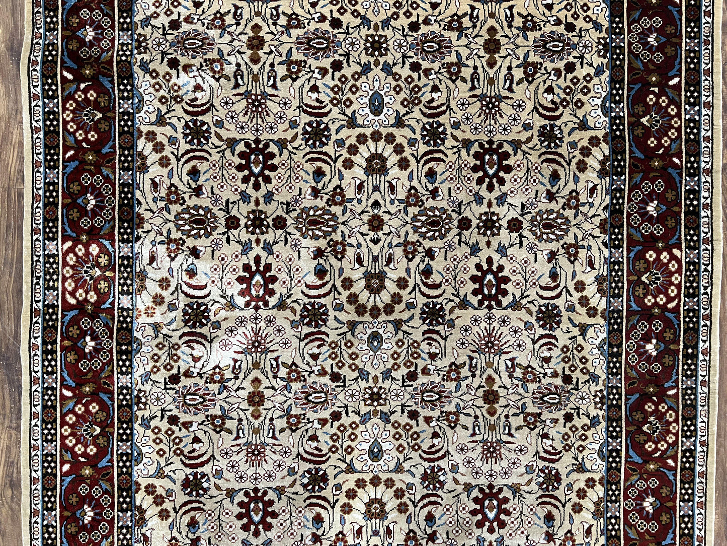 Fine Sino-Persian Silk Rug 3x5, High Quality Silk Carpet, Handmade Small Silk Rug, Allover Repeated Motif, Tan Maroon Blue Vintage Silk Rug