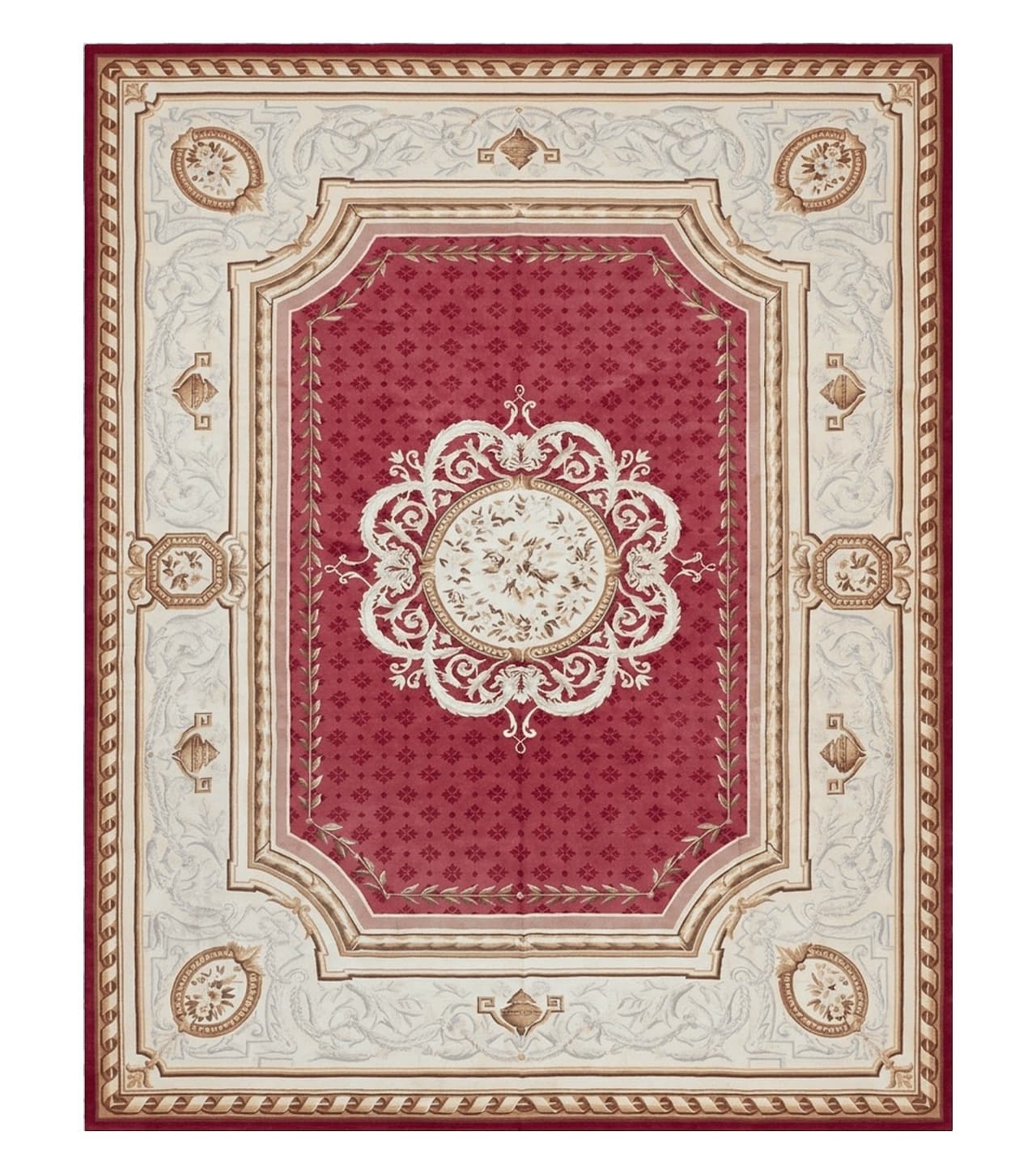 Aubusson Rug 9x12 ft, Red and Ivory Elegant Aubusson Carpet, Flatweave, Vintage Wool Handmade Area Rug 9 x 12, French European Design