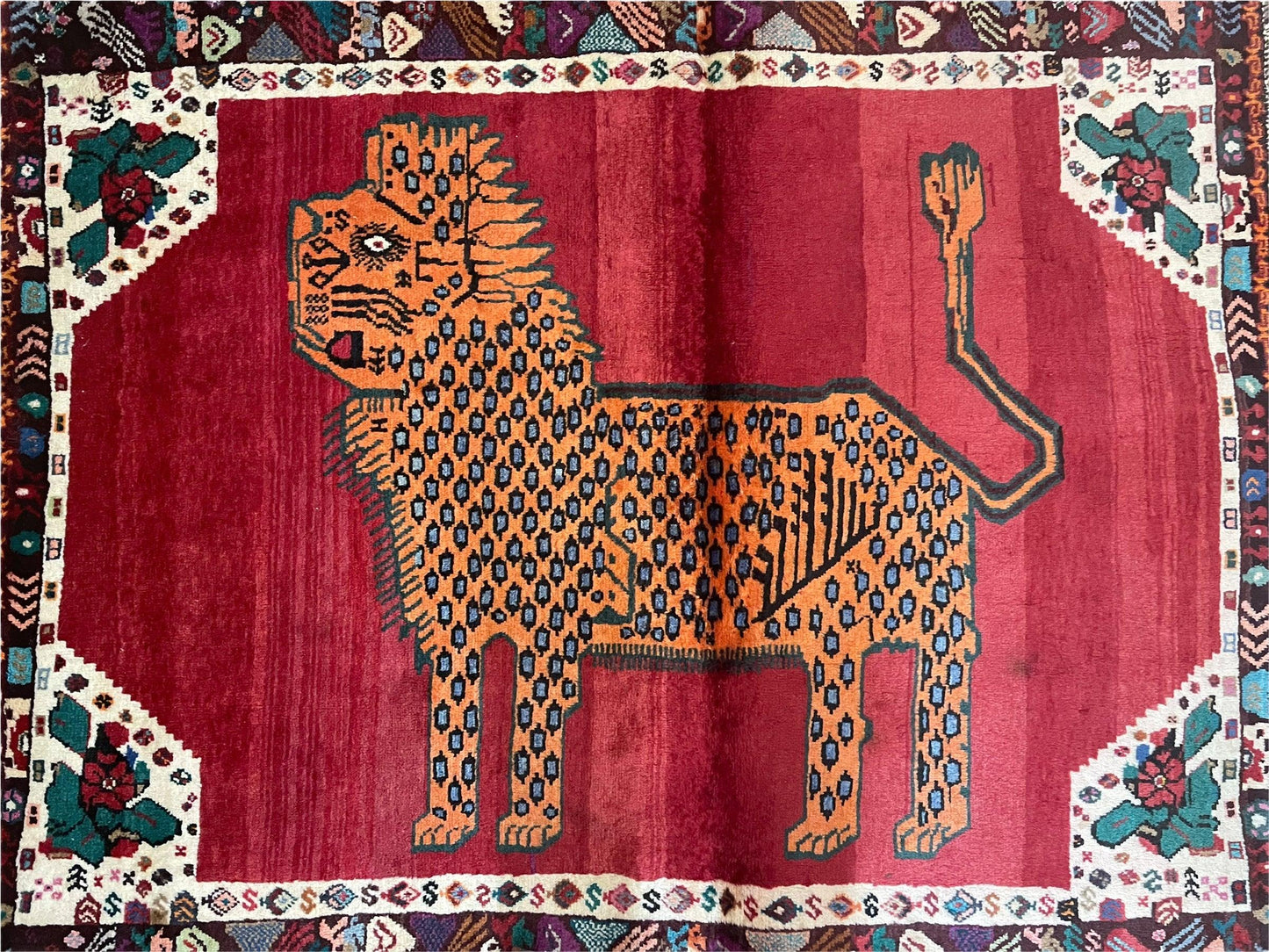 Antique Persian Gabbeh Wool Rug 4x5, Lion Pictorial Rug, Red Orange Black, Hand Knotted Handmade Vintage Gabbeh Carpet 4 x 5 ft, Tribal Rug