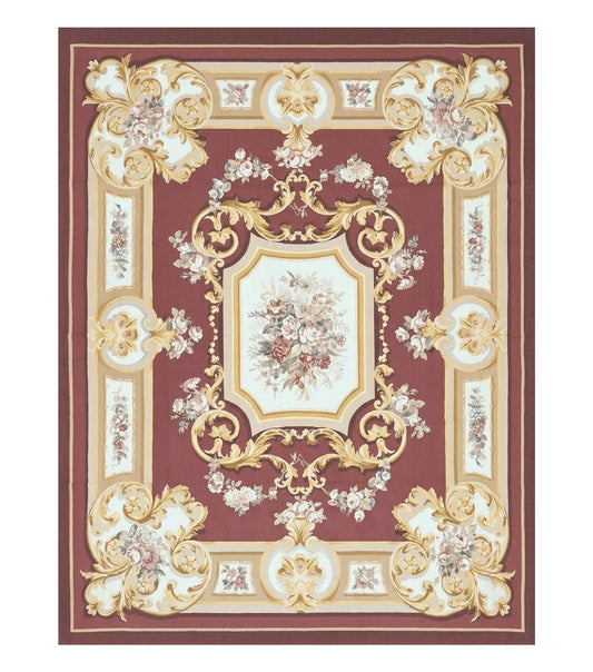 Aubusson Rug 9x12, Red Ivory Gold Tan, Handmade Hand Woven Aubusson Savonnerie Carpet, Vintage Flatweave Room Sized Aubusson Area Rug 9 x 12