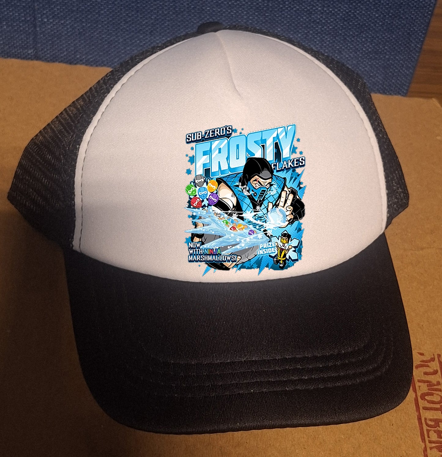 Adjustable Trucker Baseball Cap Featuring Sub Zero and Frosty Flakes from Mortal Kombat