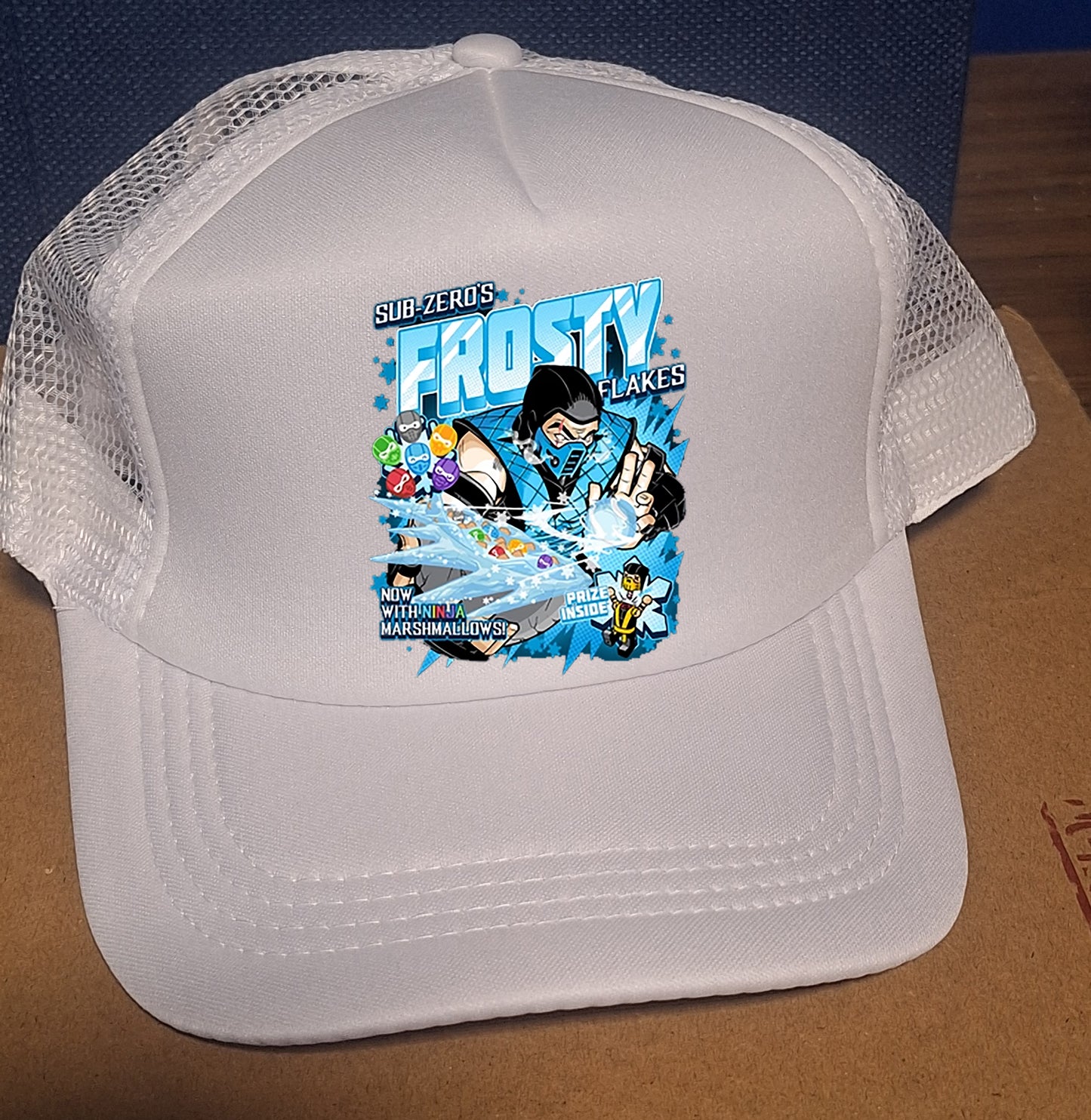 Adjustable Trucker Baseball Cap Featuring Sub Zero and Frosty Flakes from Mortal Kombat
