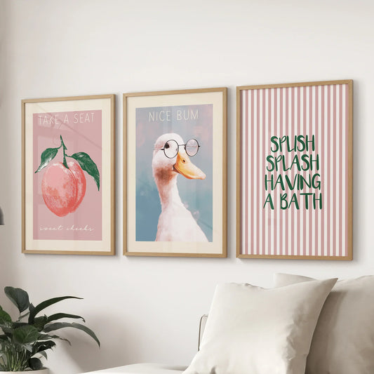 Humorous Bathroom Quotes Wall Art: Funny Duck, Peach Prints
