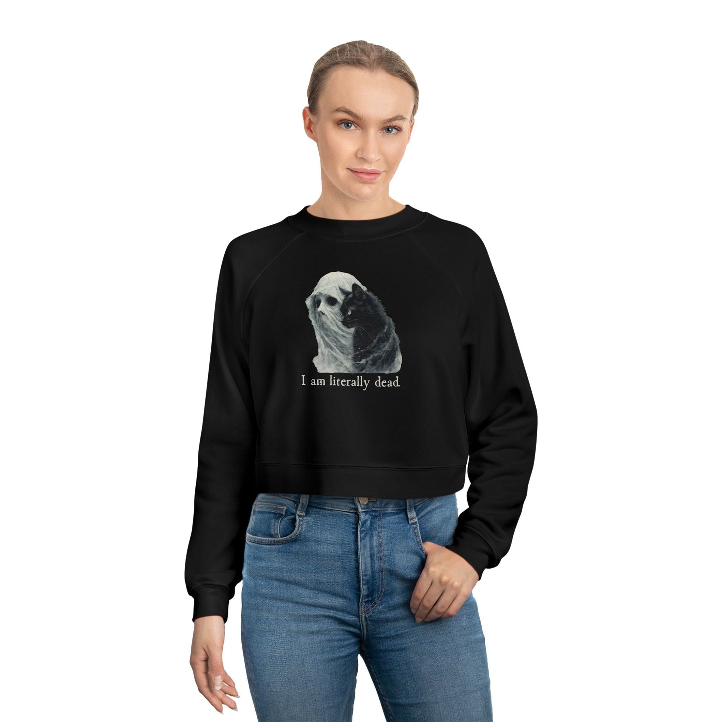 Ghost and Cat Cropped Fleece Pullover for Women