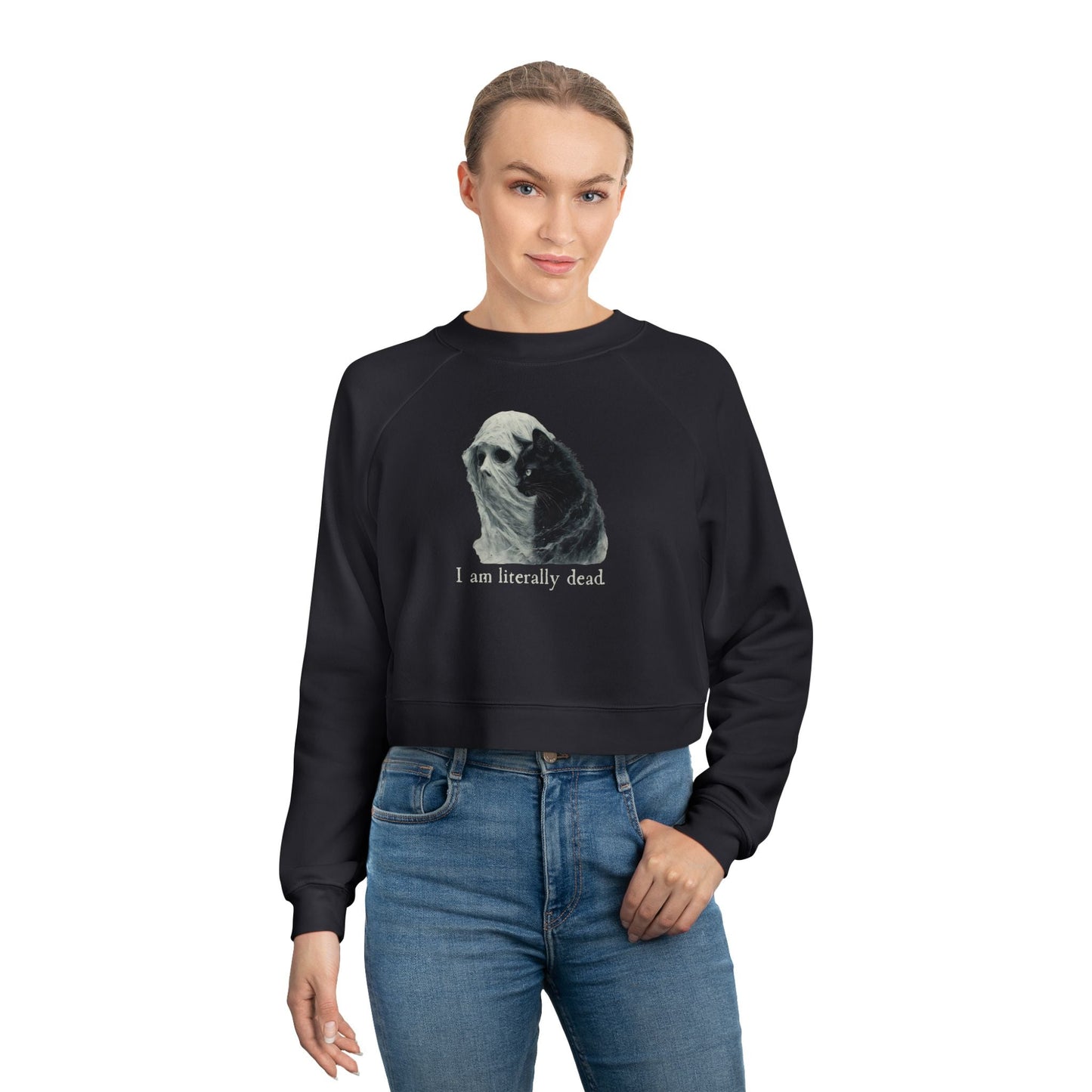 Ghost and Cat Cropped Fleece Pullover for Women