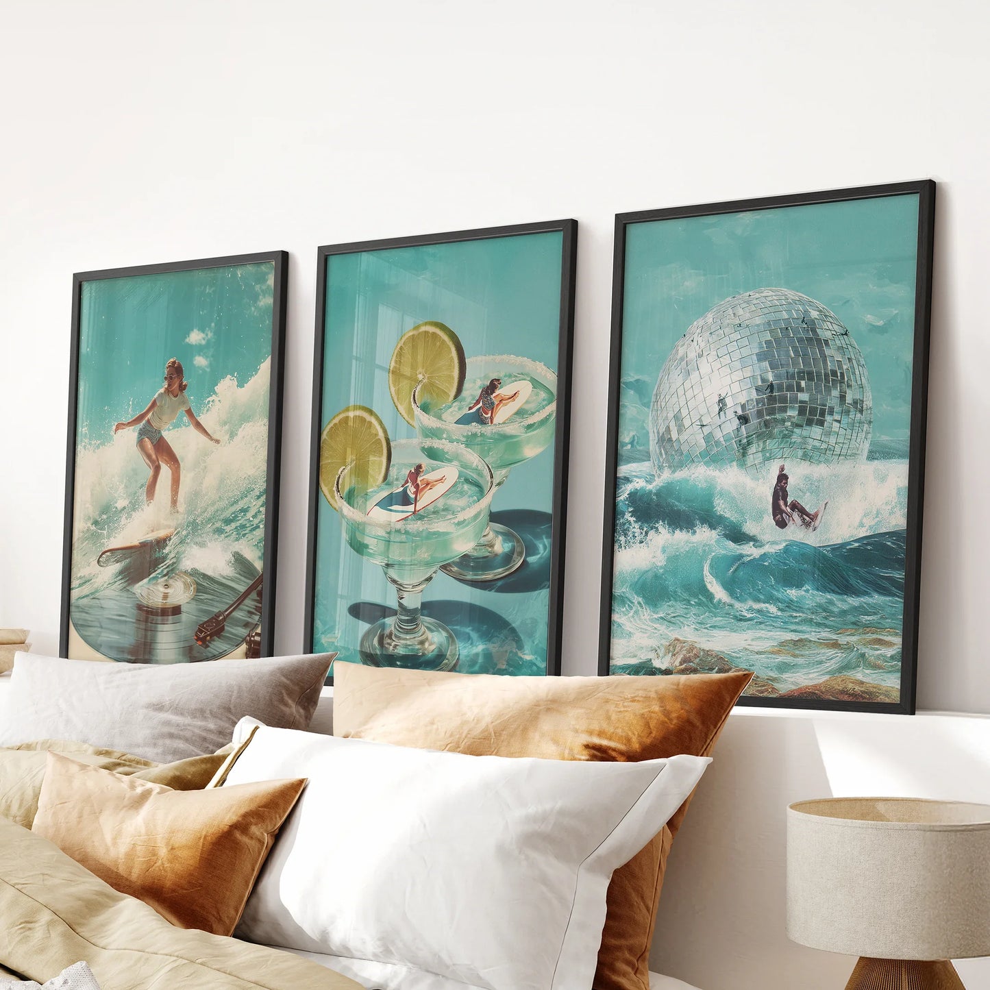 Retro Coastal Surfing Wall Art Set of 3. Surreal Blue Wave