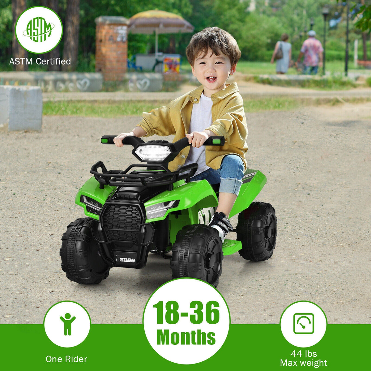 Green 6V Kids ATV Quad Electric Ride On Car Toy with LED Light and MP3 Player for Toddlers