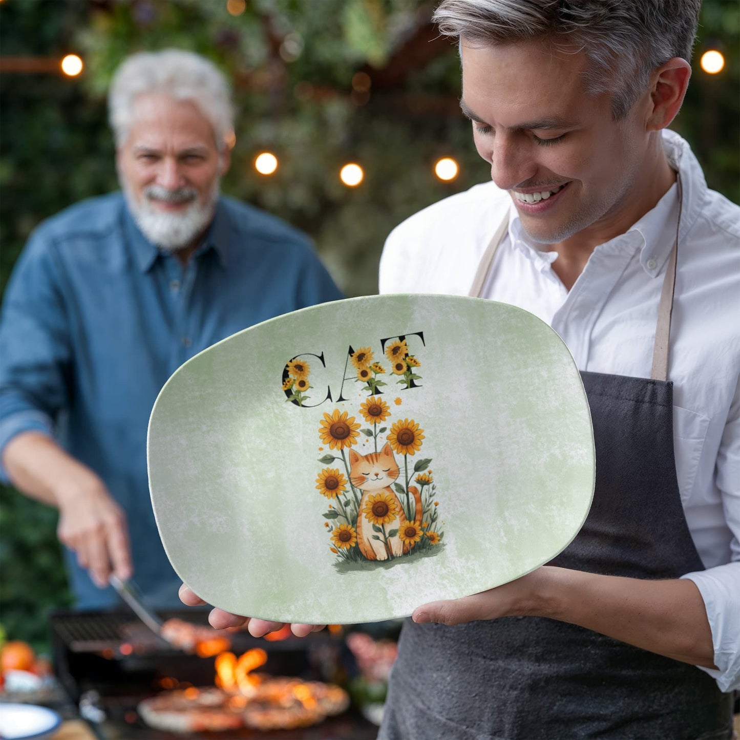 Green Sunflower Cat Collectible Serving Platter