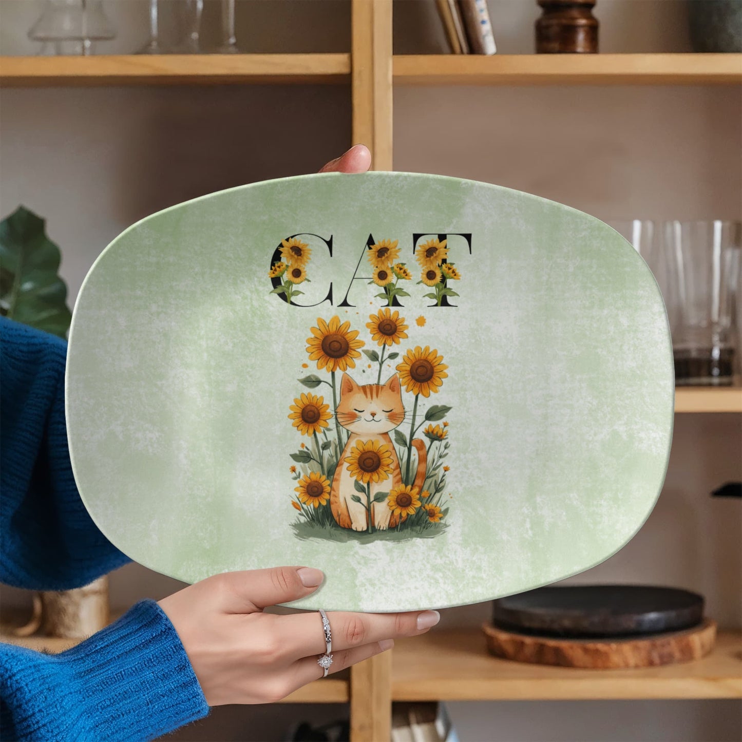 Green Sunflower Cat Collectible Serving Platter