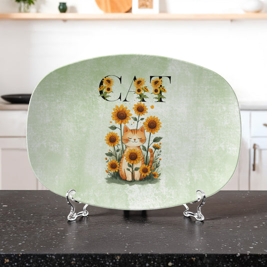 Green Sunflower Cat Collectible Serving Platter