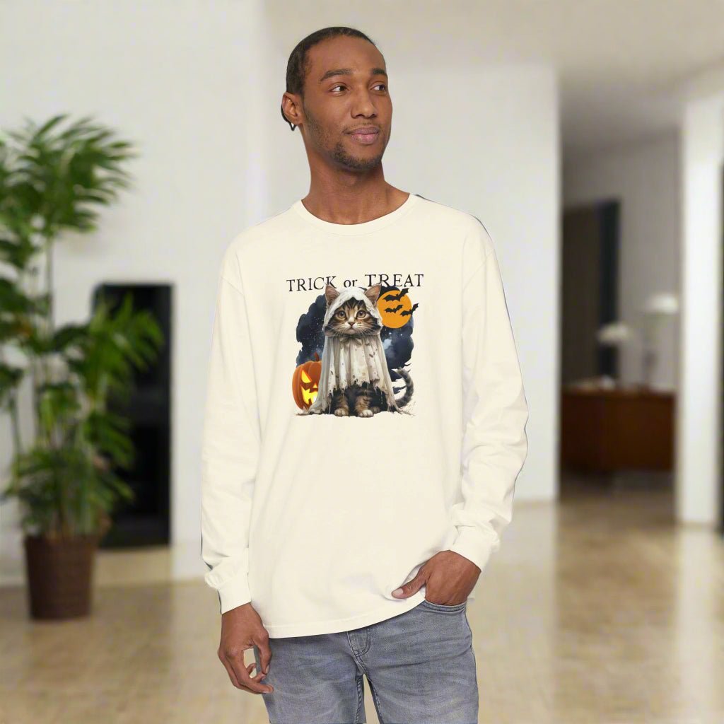 Halloween Cat Long Sleeve Tee, Unisex Spooky Shirt