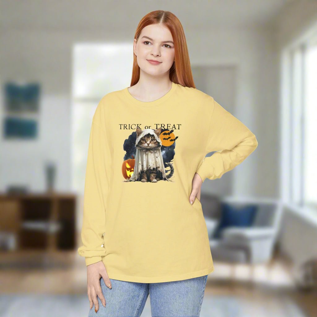 Halloween Cat Long Sleeve Tee, Unisex Spooky Shirt