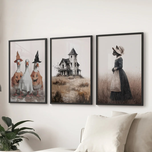 Spooky Cottagecore Wall Art Set. Ducks, Haunted House, Cat