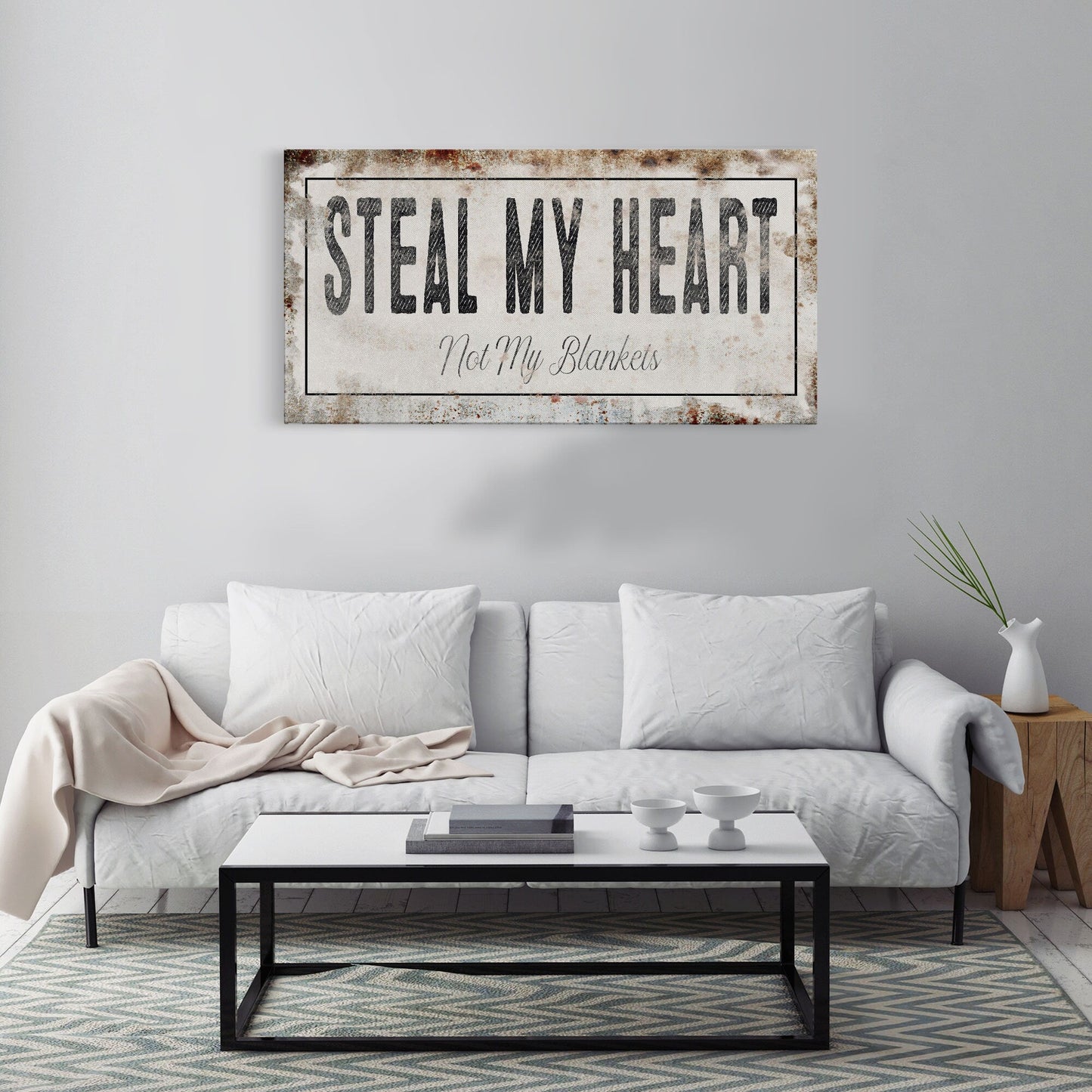 Steal my heart, not my blankets Printed Canvas Rusty Sign Distressed Wall Art Cute Sign Wood Frame Wood And Canvas Sign bedroom Sign