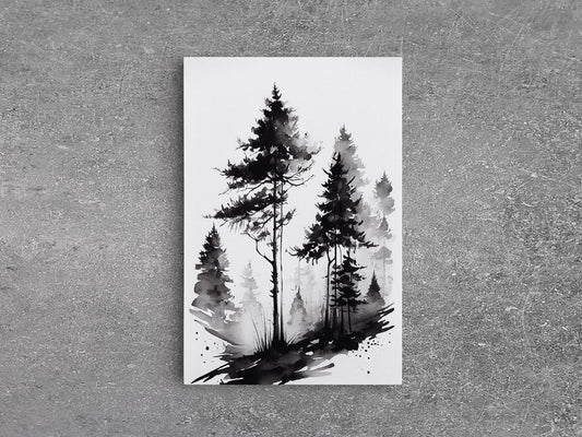 Mysterious Black and White Pine Tree Forest Watercolor Canvas Print - Nature Wall Art Home Decor Artwork