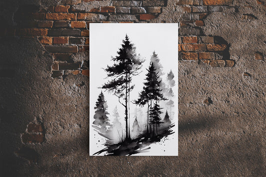 Mysterious Black and White Pine Tree Forest Watercolor Canvas Print - Nature Wall Art Home Decor Artwork