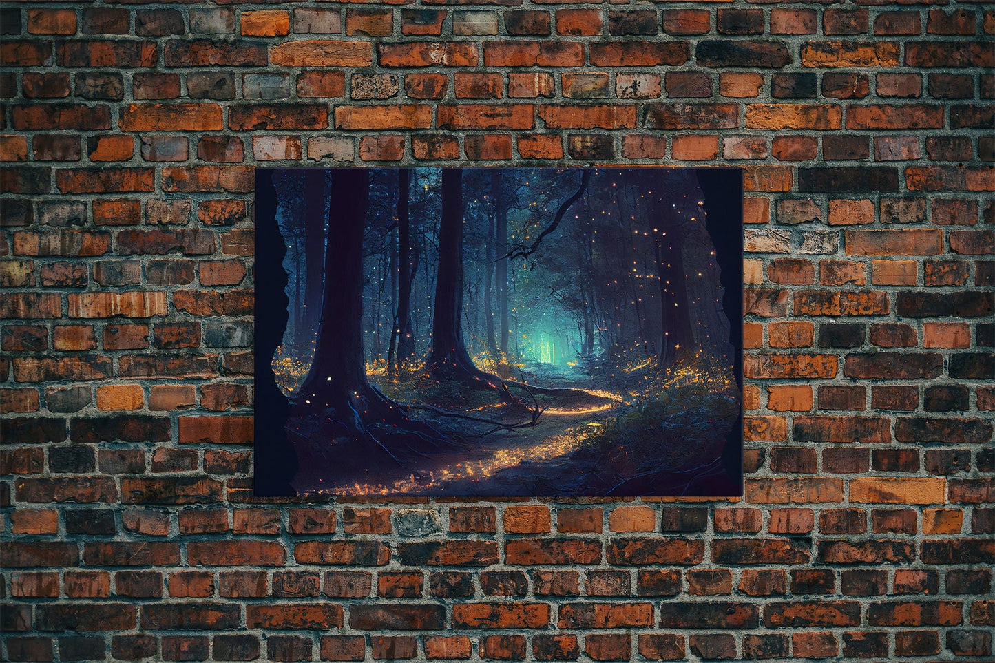 Fireflies light up a mystical fantasy forest at night, framed canvas art, framed print