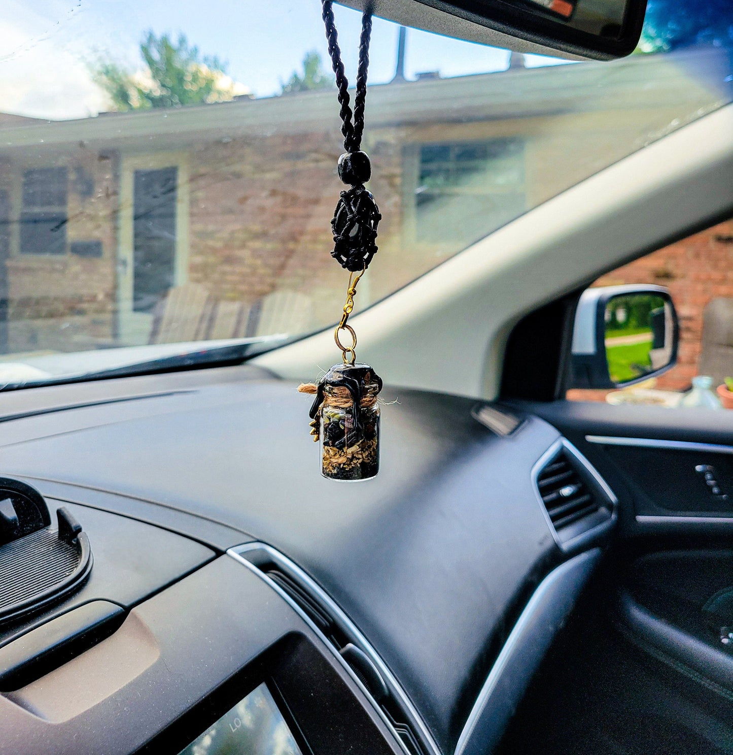 Spell Jar Car Mirror Hanger: Witchy Protection | Black Obsidian, Evil Eye and Safe Travels | Custom Gift