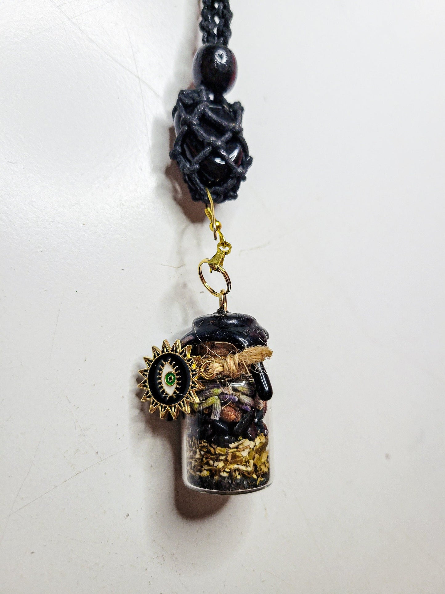 Spell Jar Car Mirror Hanger: Witchy Protection | Black Obsidian, Evil Eye and Safe Travels | Custom Gift