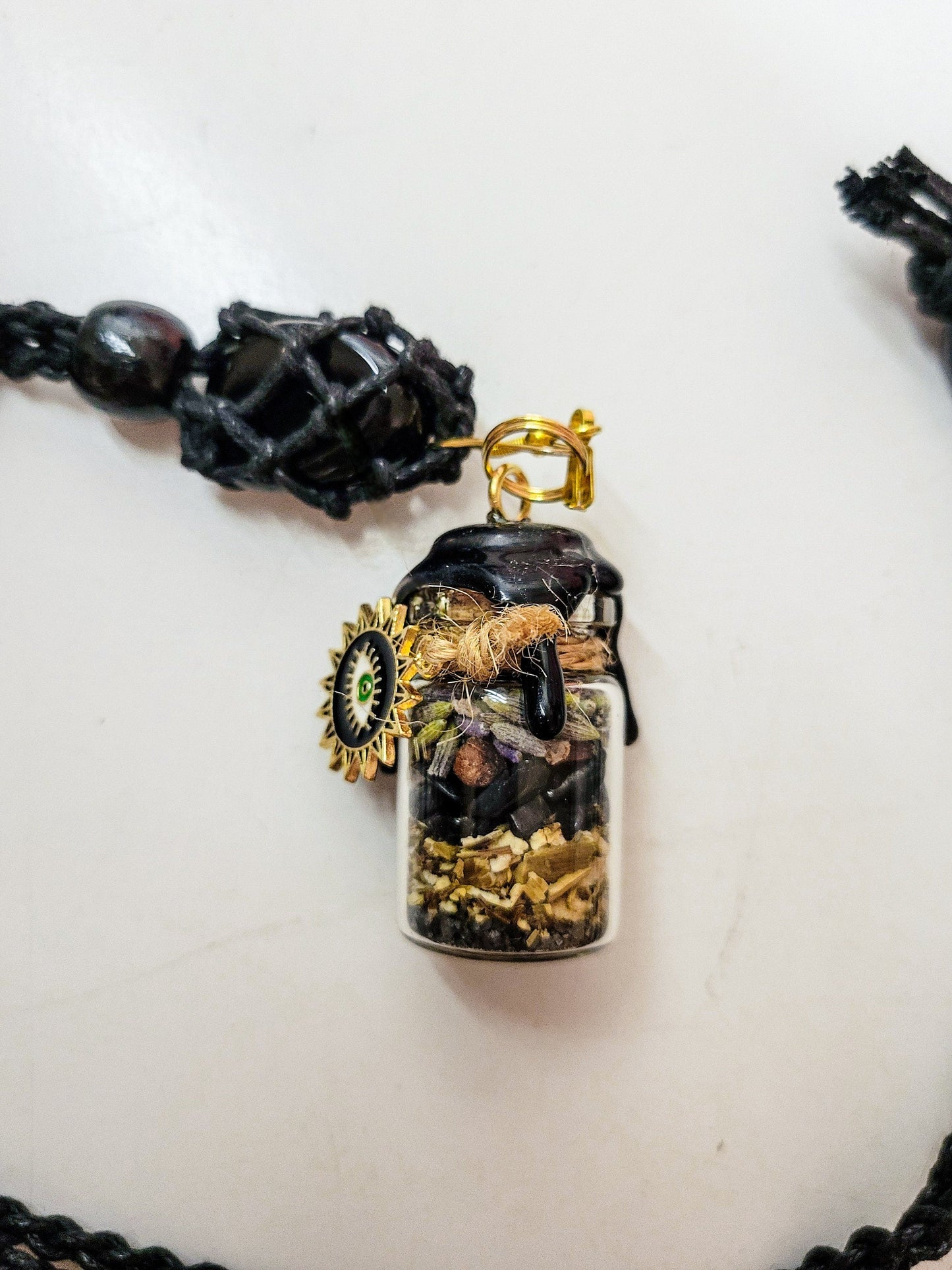 Spell Jar Car Mirror Hanger: Witchy Protection | Black Obsidian, Evil Eye and Safe Travels | Custom Gift