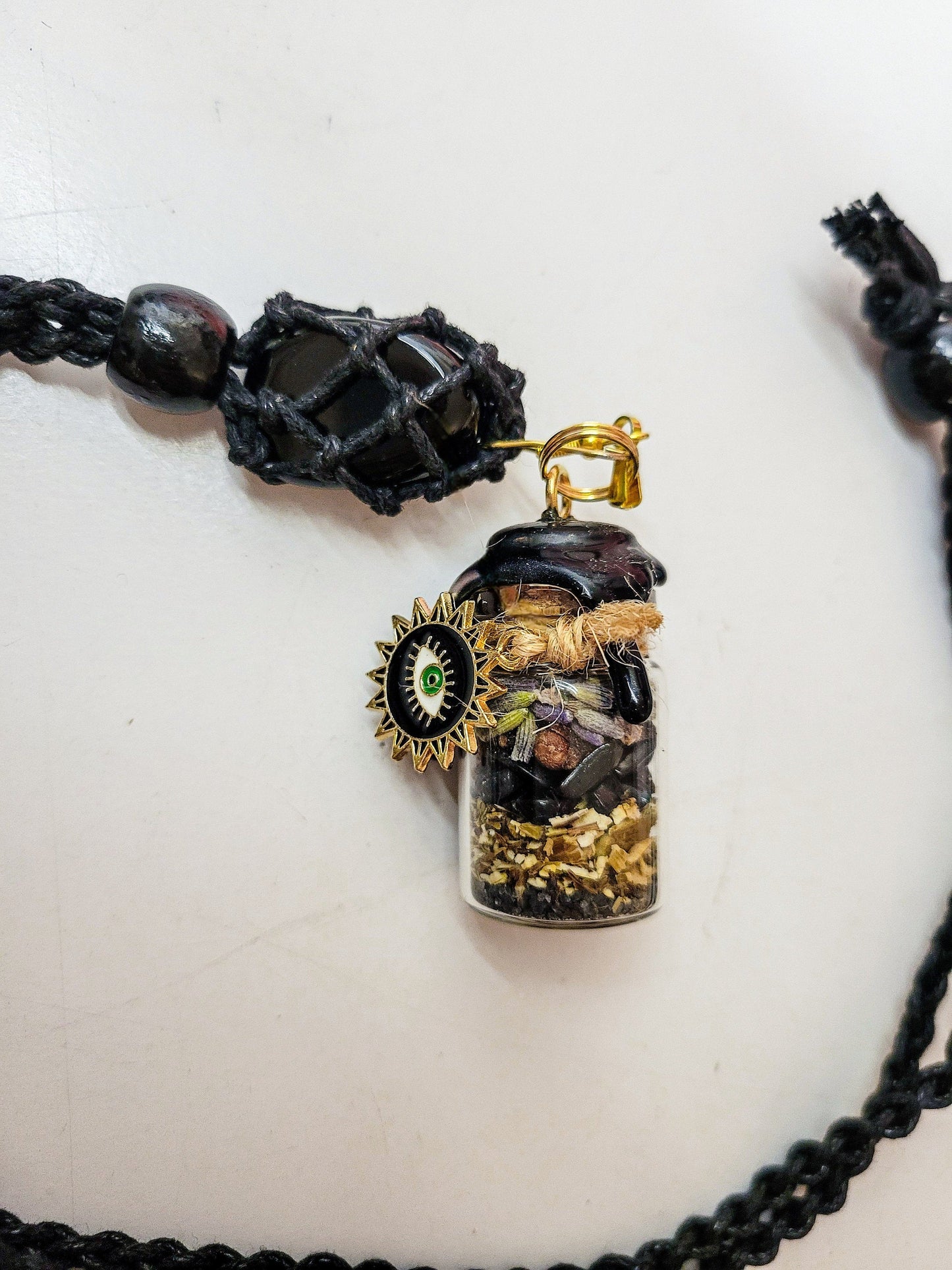 Spell Jar Car Mirror Hanger: Witchy Protection | Black Obsidian, Evil Eye and Safe Travels | Custom Gift