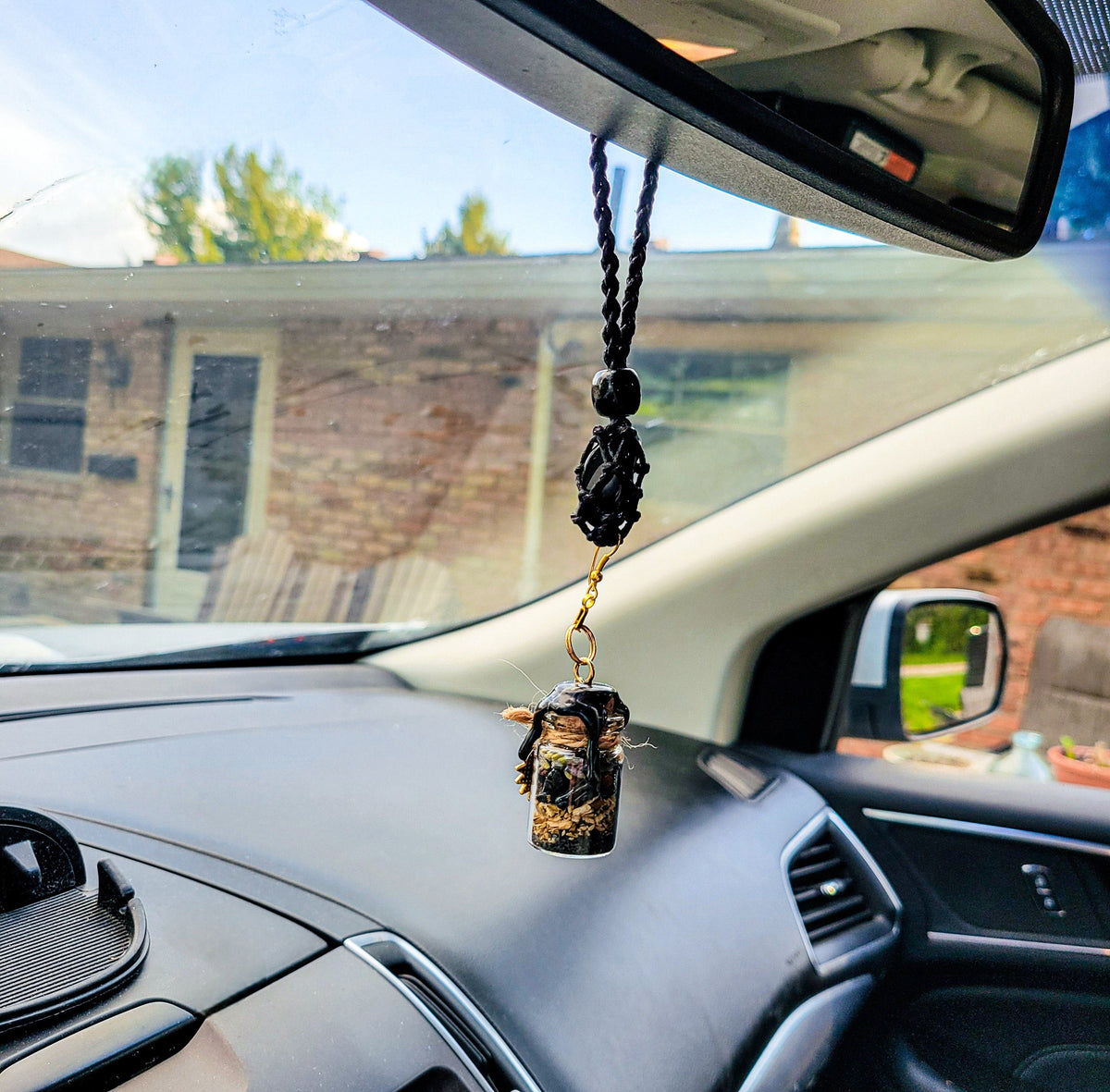 Spell Jar Car Mirror Hanger: Witchy Protection | Black Obsidian, Evil Eye and Safe Travels | Custom Gift