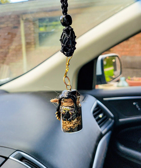 Spell Jar Car Mirror Hanger: Witchy Protection | Black Obsidian, Evil Eye and Safe Travels | Custom Gift