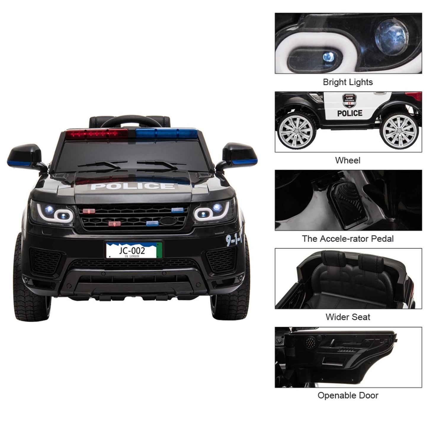 Kids Police Ride On Car with Remote Control, Music, and Horn - 12V Electric Toy