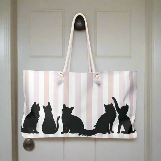 Pink Stripe Cat Silhouette Weekender Tote – Cat Lover Travel Bag