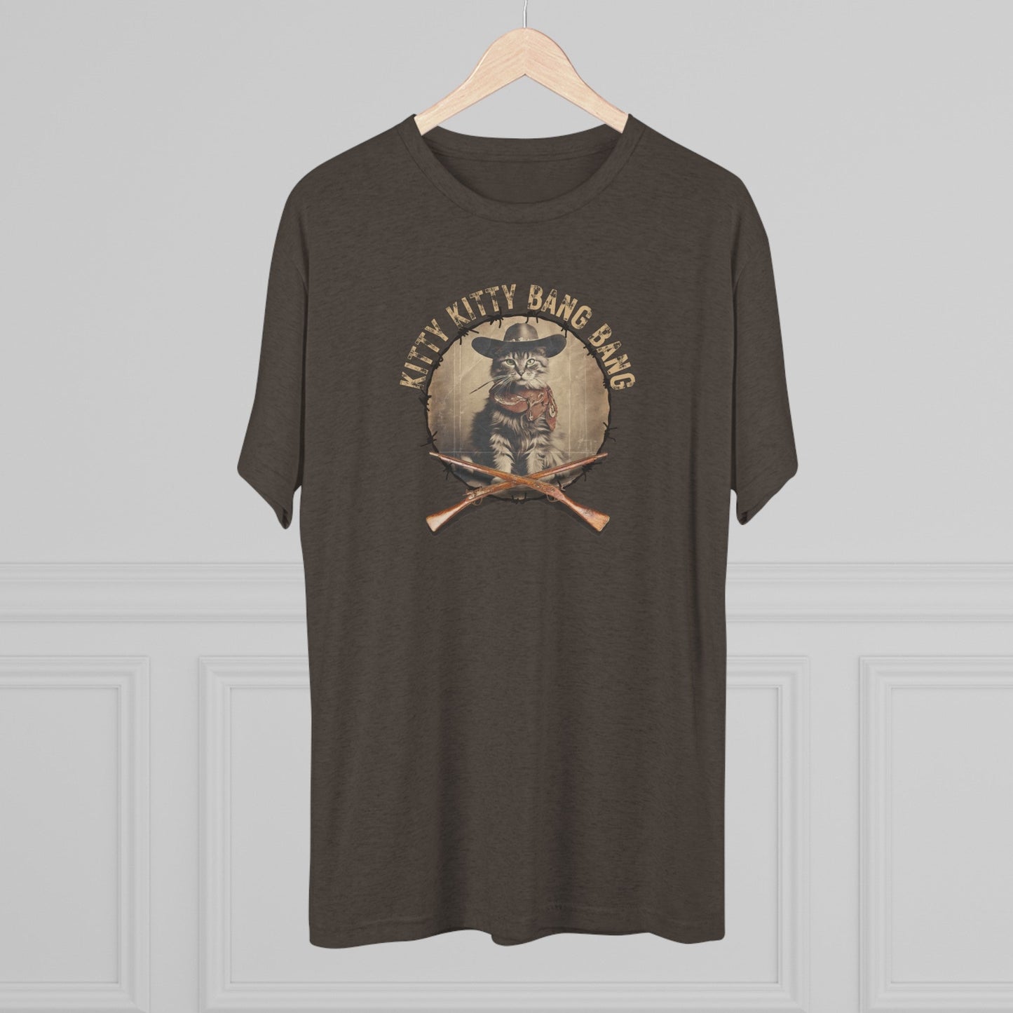 Wild Kitty Bang Bang Tri-Blend Tee – Funny Cowboy Cat Shirt