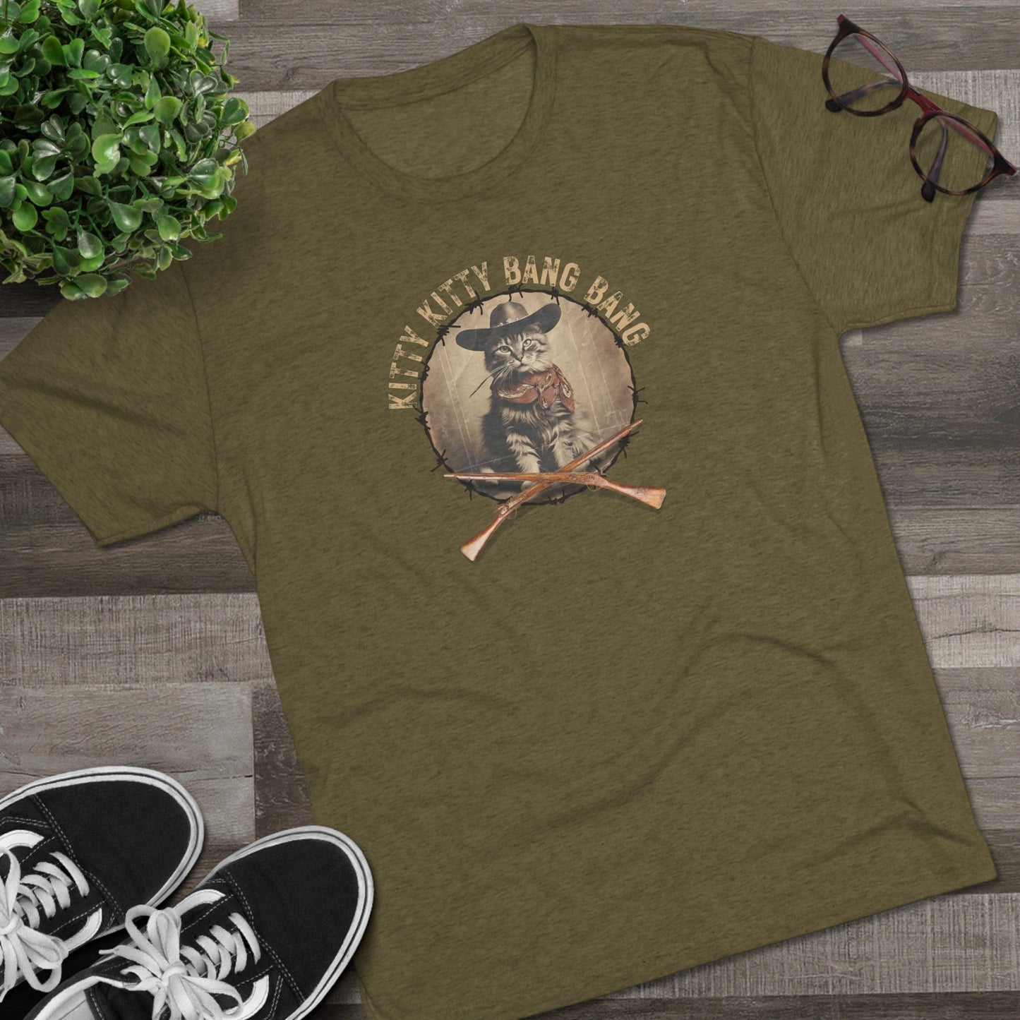 Wild Kitty Bang Bang Tri-Blend Tee – Funny Cowboy Cat Shirt