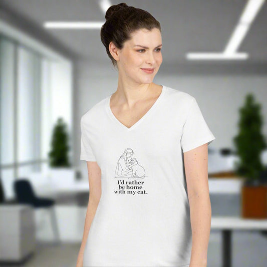 Ladies' V-Neck T-Shirt - 'I'd Rather Be Home With My Cat' - Cat Lover Tee