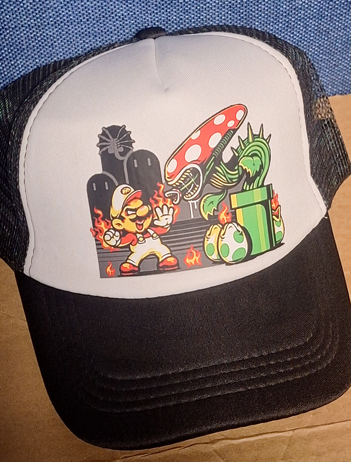 Fire Mario Cap Adjustable Trucker Cap Fire Mario vs Xenomorph Piranha Plant – Sign Junky