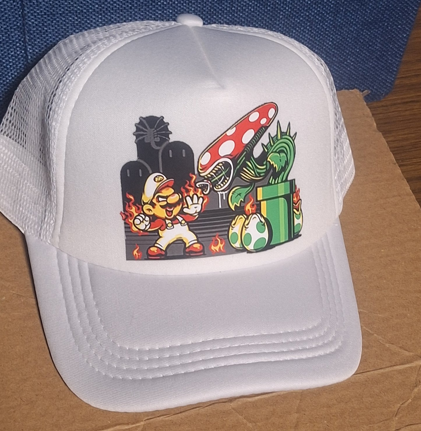 Adjustable Trucker Baseball Hat Cap Fire Mario vs Xenomorph Piranha Plant