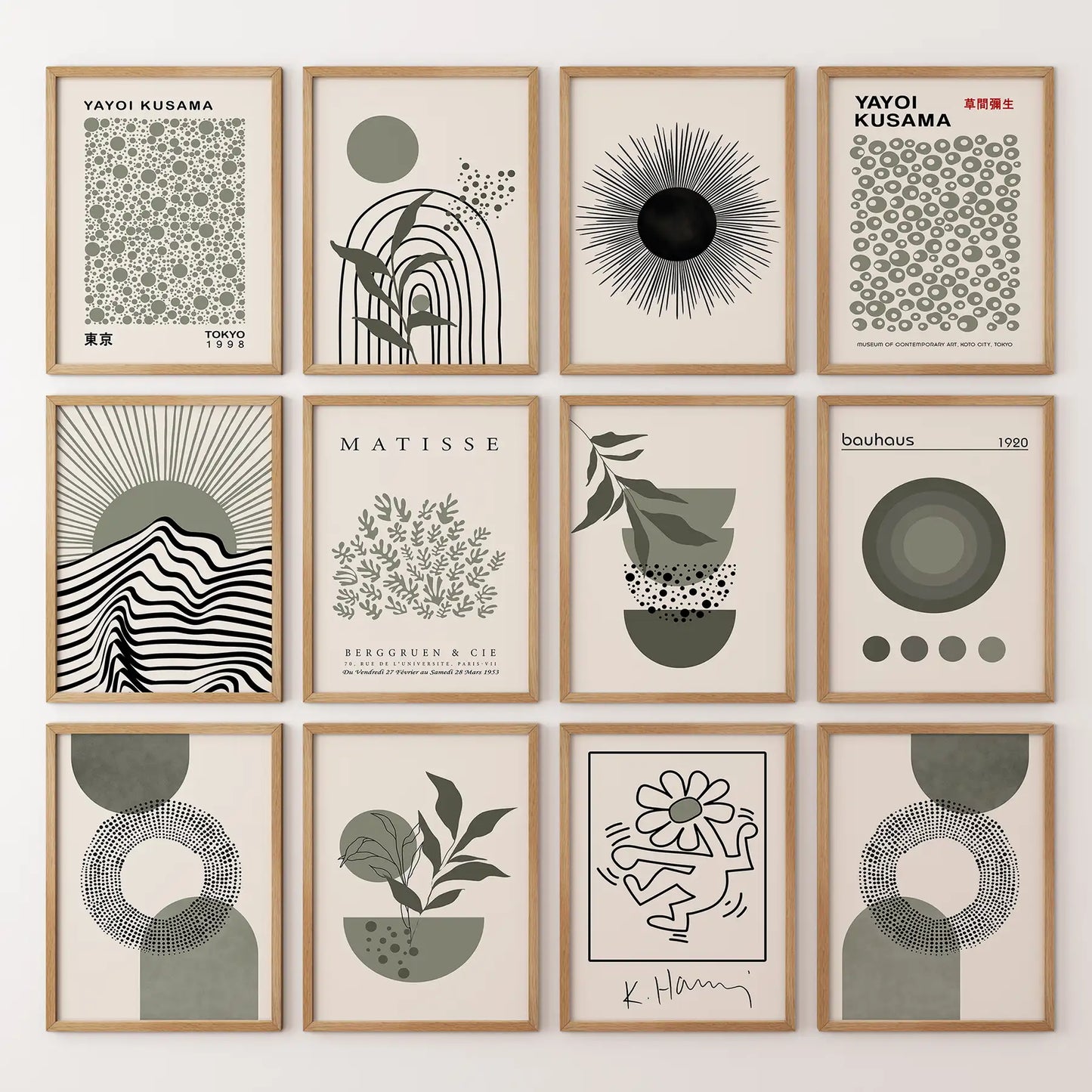Set of 12 Sage Green Art. Abstract Matisse, Bauhaus MCM Prints