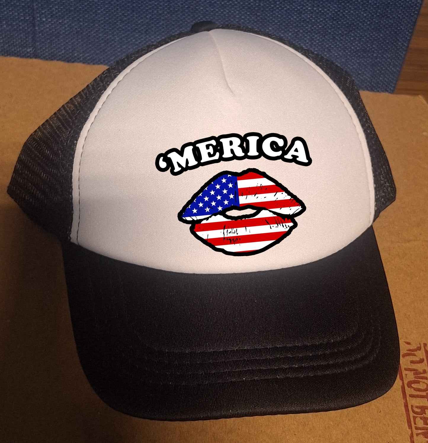 Adjustable Trucker Baseball Hat MERICA Lips USA Red White and Blue