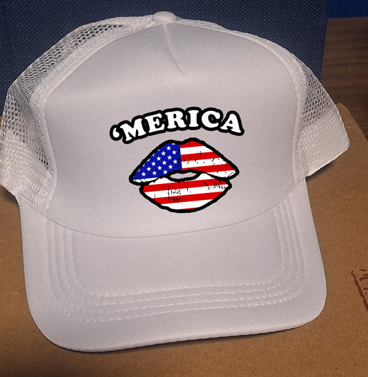 Adjustable Trucker Baseball Hat MERICA Lips USA Red White and Blue