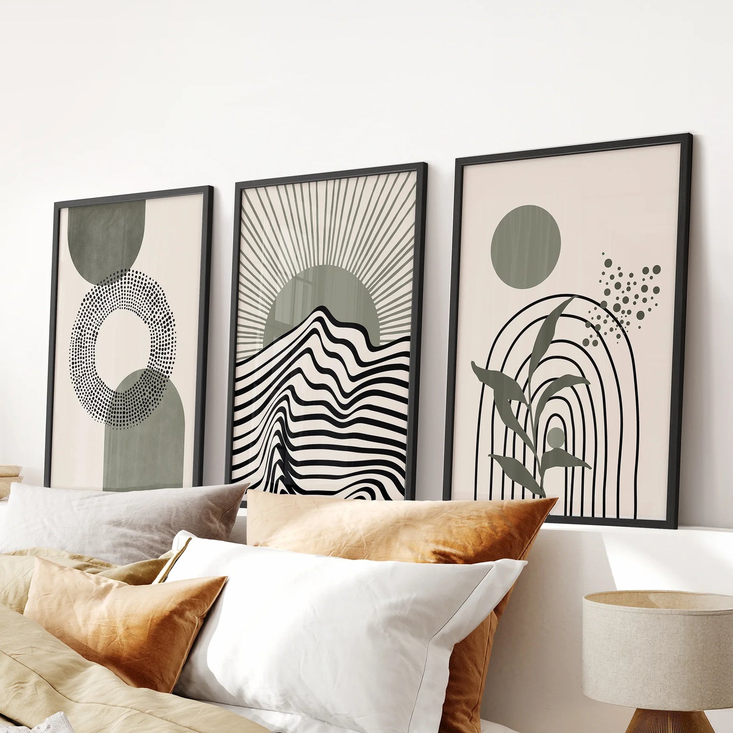 Boho Sage Green 3 Piece Wall Art. Mid-Century Art Prints for Living Room