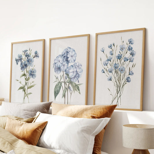 Watercolor Blue Flowers Wall Art. Set of 3 Prints