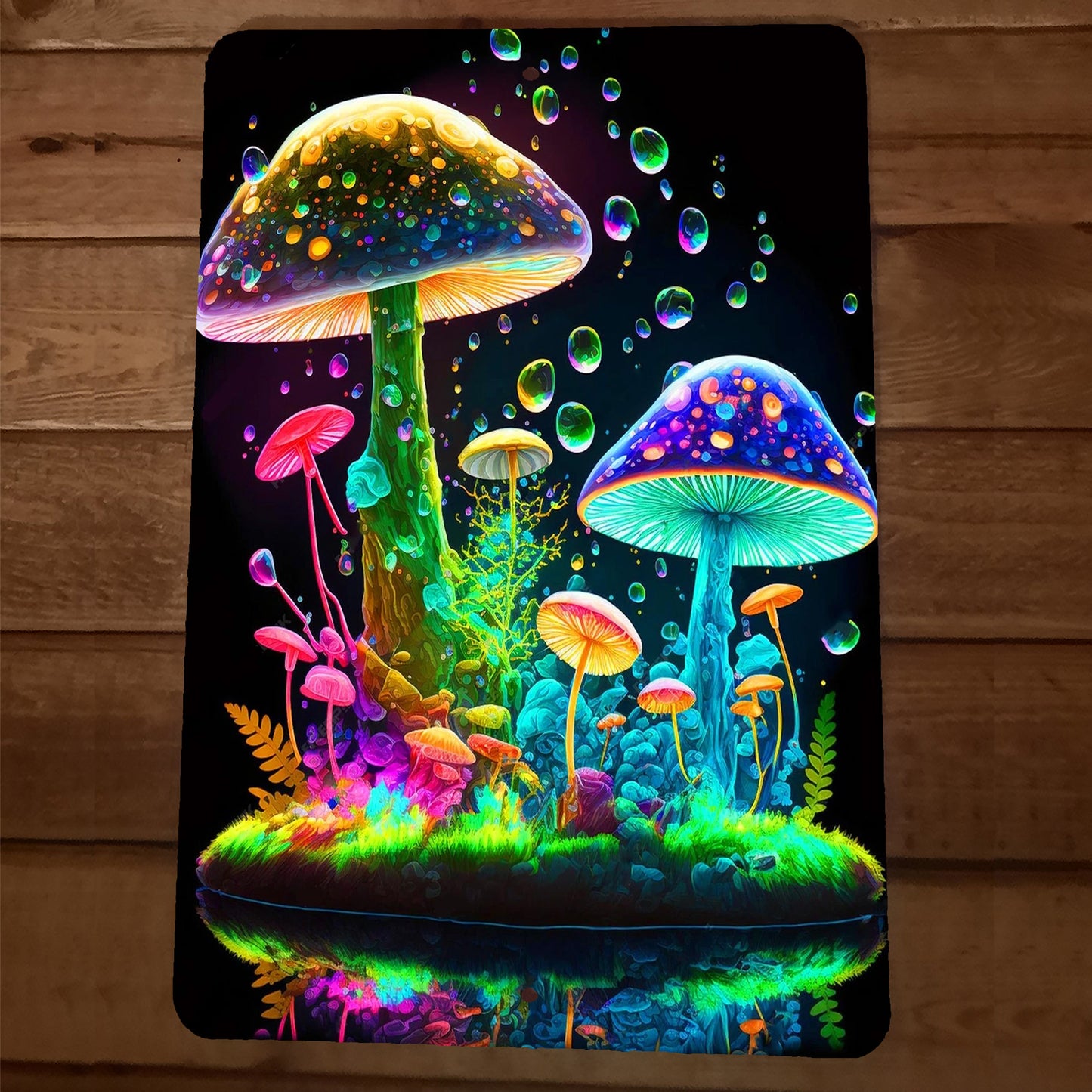 Fantasy Neon Mushrooms Artwork 8x12 Metal Wall Sign