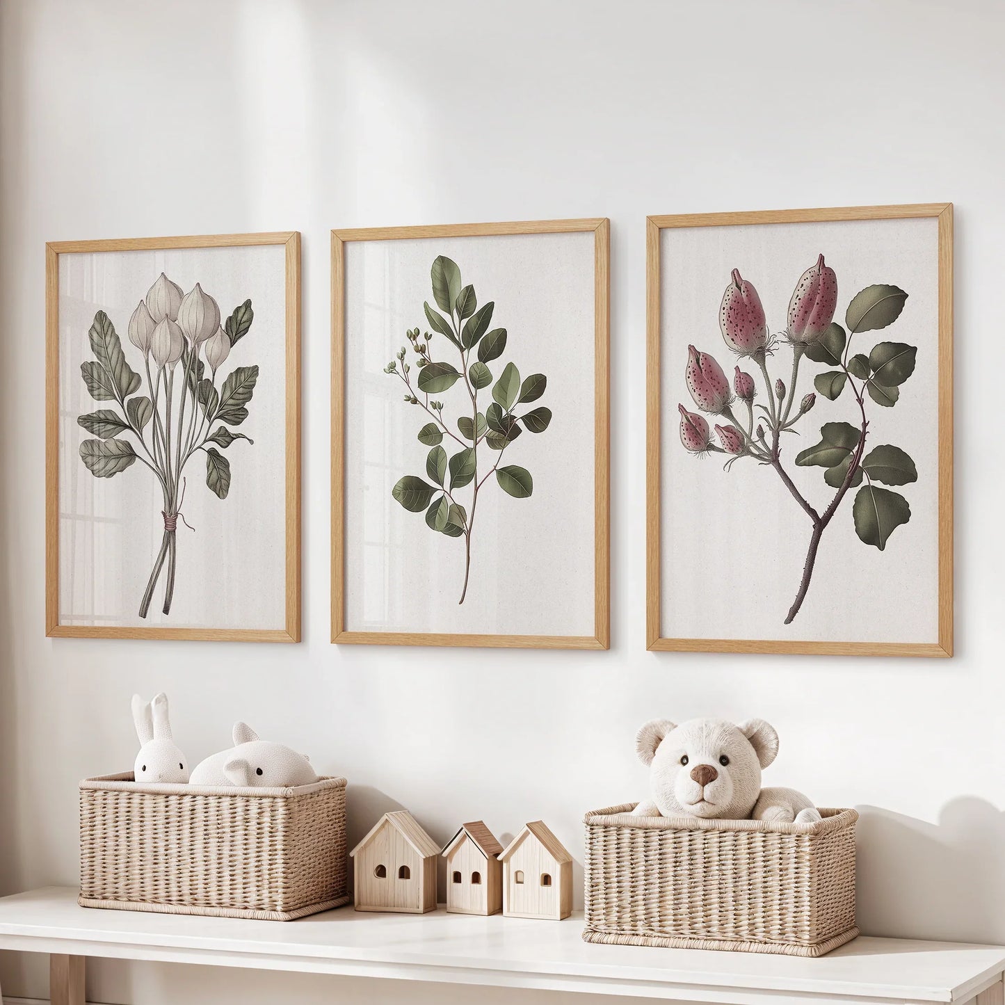 Rustic Botanical Print Set of 3. Vintage Flowers Wall Art