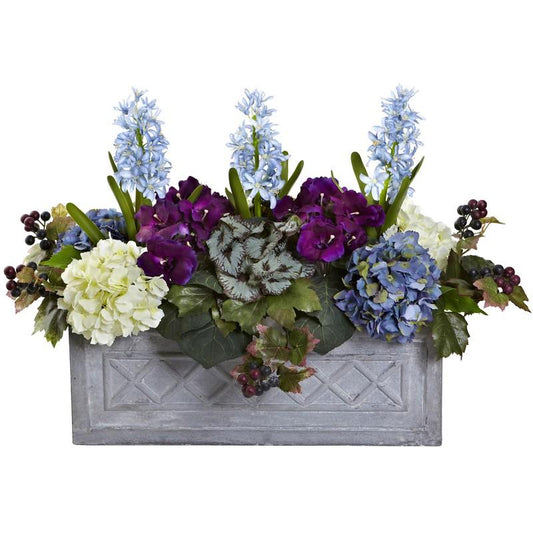 Hyacinth & Hydrangea Artificial Arrangement in Stone Planter