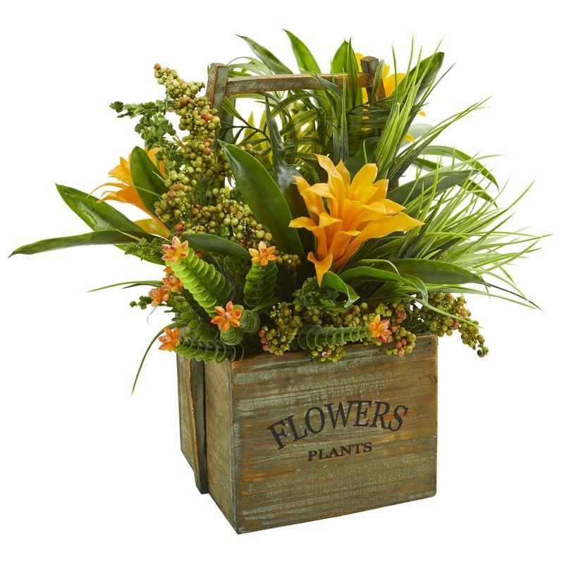 Bromeliad & Mixed Greens Artificial Arrangement in Planter
