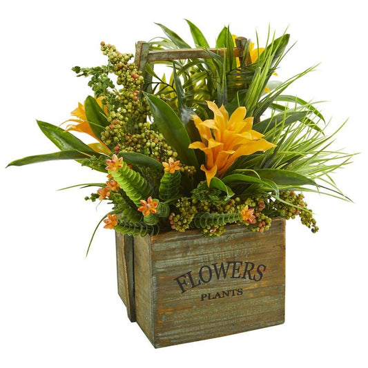 Bromeliad & Mixed Greens Artificial Arrangement in Planter
