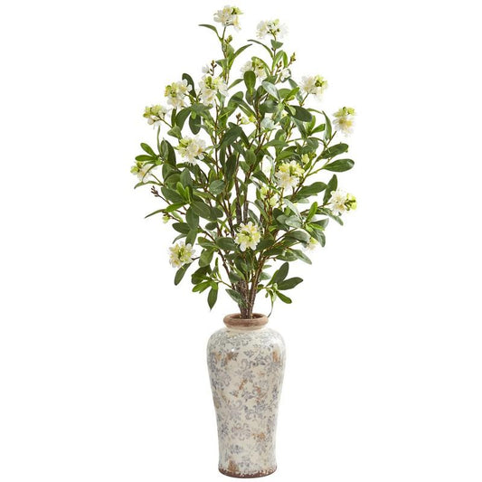 Peach Blossom Artificial Arrangement in Floral Printed Urn