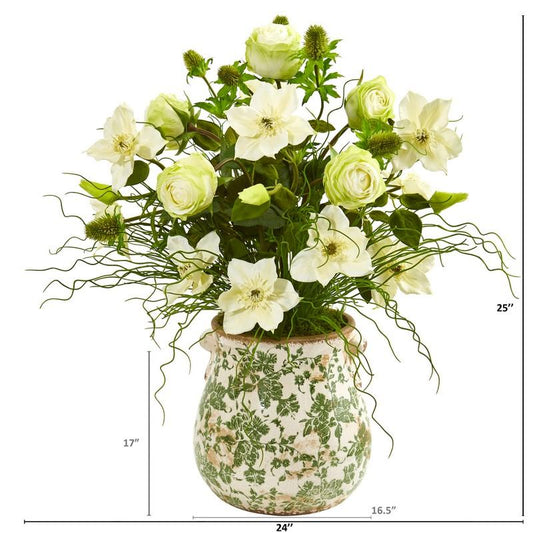 25" Rose, Mixed Floral and Grass Artificial Arrangement in Floral Vase