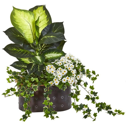 29" Golden Dieffenbachia, Ivy and Daisy Artificial Plant in Planter