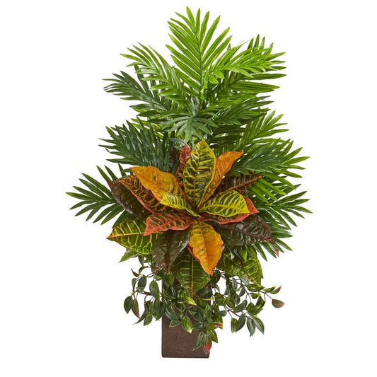 32" Areca Palm and Croton Artificial Plant in Weathered Vase